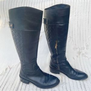 Vince Camuto Lisa black leather knee-high tall quilted heeled boots Sz 7B/37